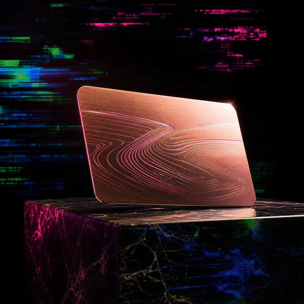 Metallic VIP membership card on dark glitch background